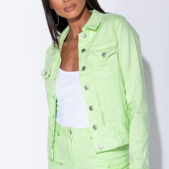 Rumors Neon Green Distressed Denim Jean Jacket - Picture 9 of 11
